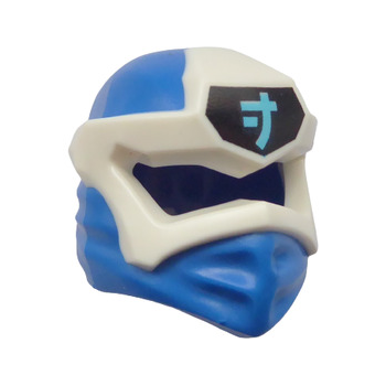 Teil 65072pb01 – Minifigur, Kopfbedeckung Ninjago Wrap Typ 6 mit geformter weißer Maske und aufgedrucktem mittelgroßem azurblauem Ninjago-Logogramm, Buchstabe J auf schwarzem Hintergrundmuster