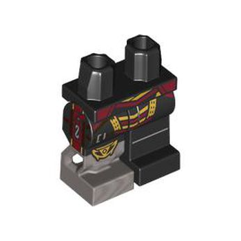 Part 970d54pb01 - Hips and 1 Black Left Leg, 1 Black Right Leg with Molded Flat Silver Prosthetic and Printed Dark Brown Strap, Dark Red and Gold Trim, Knee Pad Pattern