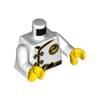 Teil 973pb2784c01 – Torso-Ninjago-Robe mit goldenen Froschverschlüssen, schwarzer Schärpe und goldenem Sensei-Wu-Emblem, Vorder- und Rückseite, Muster / weiße Arme / gelbe Hände