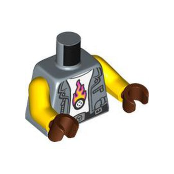 Part 973pb5045c01 - Torso Vest with Belt and Silver Zippers over White Shirt with Tire with Flames Pattern / Yellow Arms / Reddish Brown Hands