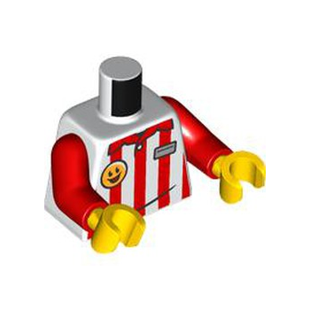 Part 973pb6026c01 - Torso Shirt with Button and Red Vertical Stripes and Collar, Silver Name Tag, Yellow Smiley Face Pin Pattern / Red Arms / Yellow Hands