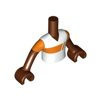 Onderdeel FTBpb064c01 - Torso Mini Doll Boy Wit Shirt met Oranje Strepenpatroon, Roodbruine Armen met Handen en Oranje Korte Mouwen