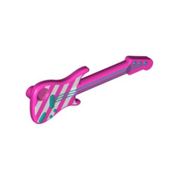 Onderdeel 11640pb05 - Minifiguur, muziekinstrument, elektrische gitaar met lichtblauwe metallic snaren, brug en uitgang en wit diagonaal strepenpatroon