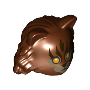 Part 18513pb01 - Minifigure, Headgear Head Cover, Cat with Mid-Length Hair in Back with Yellow Eyes, Tan Muzzle and Eye Patches, Dark Brown Stripes Pattern