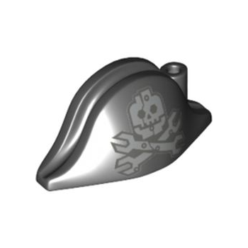 Part 2528pb13 - Minifigure, Headgear Hat, Pirate Bicorne with Silver Minifigure Skull with Half Mask and Wrenches Crossbones Pattern