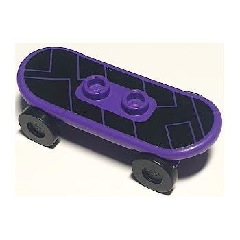 Onderdeel 42511c01pb13 - Minifiguur, skateboarddeck met rechthoeken op een zwart achtergrondpatroon (sticker) met zwarte wielen (42511pb13 / 2496) - Set 79105