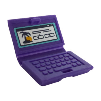 Onderdeel 62698pb14 - Minifiguur, gebruiksvoorwerp, computerlaptop met palmboom, zon, vinkje en kruis op wit schermpatroon (sticker) - Set 41314