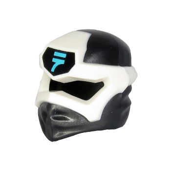 Teil 65072pb05 – Minifigur, Kopfbedeckung Ninjago Wrap Typ 6 mit geformter weißer Maske und aufgedrucktem mittelgroßem azurblauem Ninjago-Logogramm, Buchstabe N auf schwarzem Hintergrundmuster