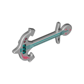 Onderdeel 76113pb01 - Minifiguur, muziekinstrument, elektrische gitaaranker met donkerturkooizen snaren en koraalkleurig bliksemschichtpatroon