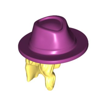 Onderdeel 79989pb02 - Minipop, haarcombo, haar met hoed, lang golvend over de rechterschouder met gegoten magenta cowboyhoedpatroon