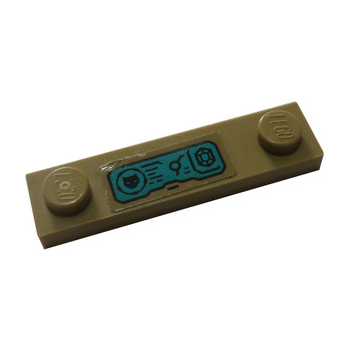 Part 92593pb046 - Plate, Modified 1 x 4 with 2 Studs without Groove with Cat Head, Lines, and Gem / Jewel on Dark Turquoise Control Panel Pattern (Sticker) - Set 76101