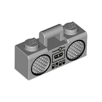 Onderdeel 93221pb03 - Minifiguur, gebruiksvoorwerp radio-boombox met stanggreep met zwarte cassettespeler, schakelaars en luidsprekers met randpatroon