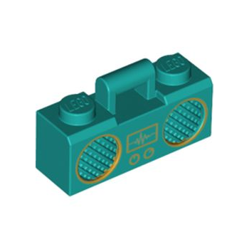 Onderdeel 93221pb06 - Minifiguur, gebruiksvoorwerp radioboombox met stanggreep met gouden geluidsgolfdisplay en omrand luidsprekerpatroon