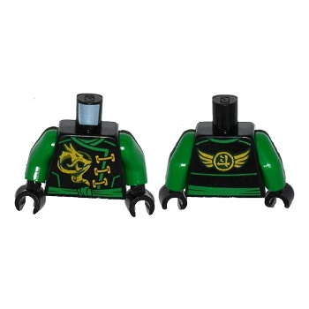 Part 973pb2300c01 - Torso Ninjago Robe with Gold Dragon, Green Sash and Ninjago Logogram 'Energy' and Wings on Reverse Pattern / Green Arms / Black Hands
