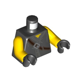 Teil 973pb3583c01 – Torso-Ninjago-Robe mit braunem Gürtel, silberner Schnalle, Bestecktasche, Karabinern und dunkelblau-grauem Stofffaltenmuster / gelbe Arme / schwarze Hände