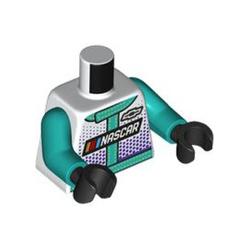 Onderdeel 973pb5775c01 - Torso Racing Suit met 'NASCAR' en zwart Chevrolet-logo, donkerturkooizen afwerking met feloranje stiksels en donkerpaars stippenpatroon / donkerturkooizen armen / zwarte handen