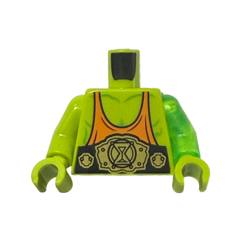Part 973pb6157c01 - Torso with Muscles Outline, Orange Tank Top, Black and Gold Wrestling Belt with 'Z-Blob' on Back Pattern (BAM) / Trans-Bright Green Arm Left / Lime Arm Right / Lime Hands