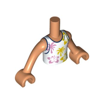 Onderdeel FTBpb068c01 - Torso Mini Doll Boy Wit tanktopje met felroze en feloranje bloemen- en palmbomenpatroon, nougat armen met handen