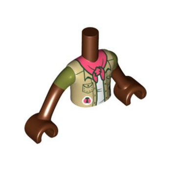 Onderdeel FTBpb071c01 - Torso Mini Doll Boy Bruin Vest over Wit Shirt, Koraal Sjaalpatroon, Roodbruine Armen met Handen en Olijfgroene Korte Mouwen
