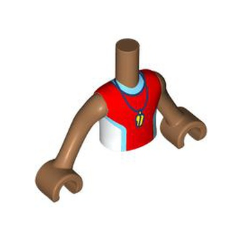 Onderdeel FTBpb122c01 - Torso Mini Doll Boy Rood en Wit Mouwloos Wetsuit met Medium Azuurblauwe Rand, Geel Fluitje, Reddingsvest op Rugpatroon, Medium Nougat Armen met Handen
