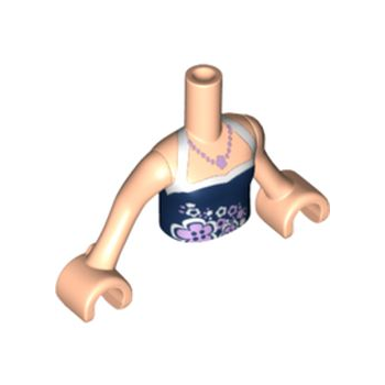 Onderdeel FTGpb029c01 - Torso Mini Doll Girl Donkerblauw en Wit Haltertopje met Bloemen en Kettingpatroon, Licht Nougat Armen met Handen