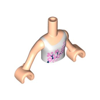 Onderdeel FTGpb035c01 - Torso Mini Doll Girl Wit Vest Topje met Fel Lichtroze en Zwart Bloemenpatroon, Licht Nougat Armen met Handen