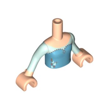 Onderdeel FTGpb059c01 - Torso Mini Doll Girl Medium Azure Top met zilveren iconenpatroon, licht nougat armen met handen met licht aquablauwe mouwen