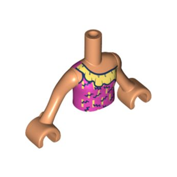 Onderdeel FTGpb238c01 - Torso Mini Doll Girl Donkerroze badpaktop met fel lichtgeel en zwart ruchespatroon, nougatarmen met handen
