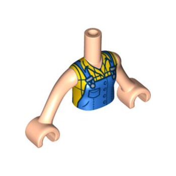 Onderdeel FTGpb338c01 - Torso Mini Doll Girl Blauwe overall over geel geruit mouwloos blousepatroon, licht nougat armen met handen