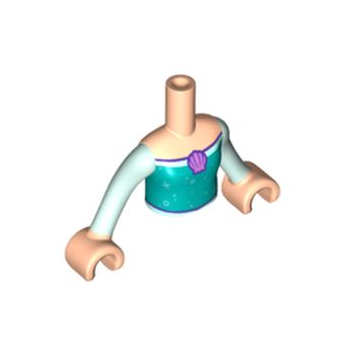 Onderdeel FTGpb377c01 - Torso Mini Doll Girl Donker Turquoise Top met Medium Lavendel Schelp, Cirkels en Sterren Patroon, Licht Nougat Armen met Handen en Licht Aqua Mouwen