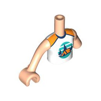 Onderdeel FTGpb468c01 - Torso Mini Doll Girl Wit Mouwloos Topje met Oranje Tent, Donkerblauwe Bomen, Donker Turquoise Hemel en Grondpatroon, Licht Nougat Arm Links, Licht Nougat Arm met Hand Rechts