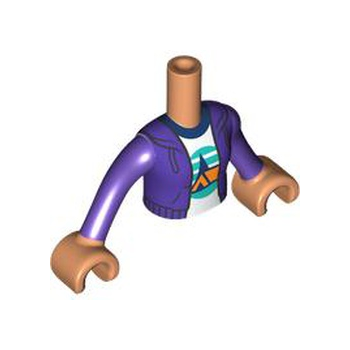 Onderdeel FTGpb469c01 - Torso Mini Doll Girl Donkerpaarse hoodie over wit shirt met oranje tent, donkerblauwe bomen, donkerturkoois lucht- en grondpatroon, nougat armen met handen met donkerpaarse lange mouwen