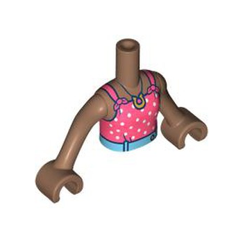 Onderdeel FTGpb505c01 - Torso Mini Doll Girl Coral Halter Top met witte stippen, middelgrote azuurblauwe riem met gouden knoop en hoefijzerkettingpatroon, middelgrote bruine armen met handen