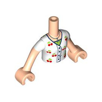 Onderdeel FTGpb506c01 - Torso Mini Doll Girl Wit Shirt met Zwarte Knopen en Rode Kersen over Lime Top Patroon, Licht Nougat Armen met Handen met Witte Korte Mouwen
