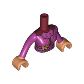 Onderdeel FTWpb007c01 - Torso Mini Doll Vrouw Magenta Top met Gouden Vlinder, Donkerrode Rand, Zwart Filigree Patroon, Nougat Armen met Handen met Magenta Mouwen